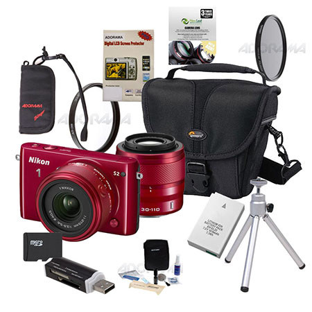 Nikon 1 S2 Mirrorless Digital Camera with 11-27.5mm & 30-110mm Lenses, Red - Bundle With Camera Case, 32GB Micro SD Card, Spare Battery, New Leaf 3 Year (Drops & Spills) Warranty, 40.5MM UV FIlter, 40.5 CPL Filter, Cleaning Kit, Table Top Tripod, Screen P