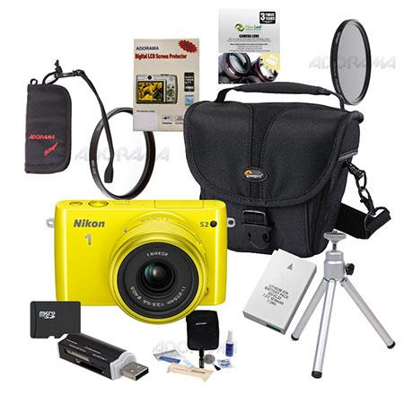 Nikon 1 S2 Mirrorless Digital Camera with 11-27.5mm Lens, 14.2MP, Yellow - Bundle With Camera Case, 32GB Class 10 SDHC Card, Spare Battery, New Leaf 3 Year (Drops & Spills) Warranty, 405MM UV Filter, 40.5MM CPL Filter, Card Case, Table Top Tripod, Screen