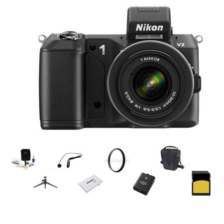 Nikon 1 V2 Mirrorless Digital Camera Body, Black, with 1 10-30mm VR Zoom Lens Black - Bundle - with SanDisk 32GB SDHC Memory Card, LowePro Holster Case, Spare Battery, Pro-Optic 40.5 MC UV Filter, Cleaning kit, SD Card Case, Aluminum Table Top Tripod, Cap