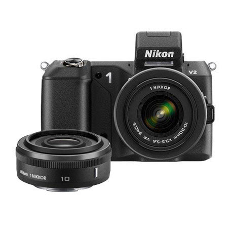 Nikon 1 V2 Mirrorless Digital Camera Body, Black, with Nikon 1 10-30mm VR Zoom Lens (Black) - Bundle - with Nikon 1 Nikkor 10mm f/2.8 Lens (Black), SanDisk 16GB