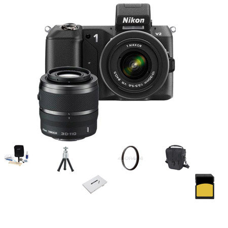 Nikon 1 V2 Mirrorless Digital Camera Two Lens Zoom Kit with Nikon 1 10-30mm VR Zoom Lens and Nikon 1 30-110mm VR Zoom Lens, Black - Bundle - with SanDisk 16GB E
