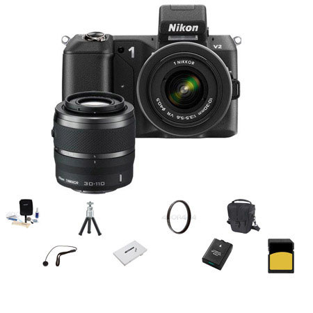 Nikon 1 V2 Mirrorless Digital Camera Two Lens Zoom Kit with Nikon 1 10-30mm VR Zoom Lens and Nikon 1 30-110mm VR Zoom Lens, Black - Bundle - with SanDisk 16GB E