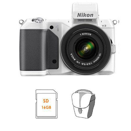 Nikon 1 V2 Mirrorless Digital Camera Body, White, with 1 10-30mm VR Zoom Lens Black - Bundle - with SanDisk 16GB Extreme SDHC Memory Card, Adorama Slinger Carrying Case