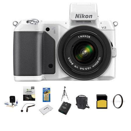 Nikon 1 V2 Mirrorless Digital Camera Body, White, with 1 10-30mm VR Zoom Lens - Bundle with SanDisk 64GB SDHC Memory Card, LowePro Carrying Case, Spare Battery, New Leaf 3 Year (Drops & Spills) Warranty, Sunpack Tripod, Sd Card Case, 40.5 UV Filter, Clean