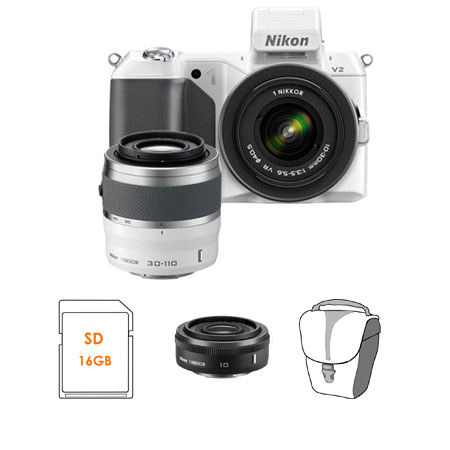 Nikon 1 V2 Mirrorless Digital Camera Two Lens Zoom Kit with Nikon 1 10-30mm VR Zoom Lens and Nikon 1 30-110mm VR Zoom Lens, White - Bundle - with Nikon 1 Nikkor