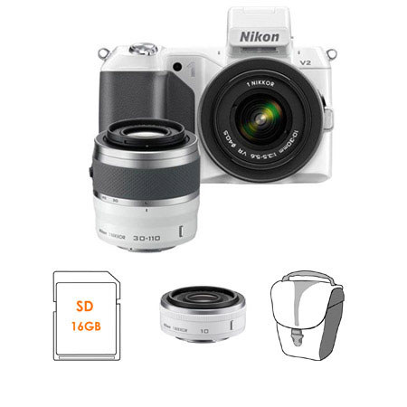 Nikon 1 V2 Mirrorless Digital Camera Two Lens Zoom Kit with Nikon 1 10-30mm VR Zoom Lens and Nikon 1 30-110mm VR Zoom Lens, White - Bundle - with Nikon 1 Nikkor