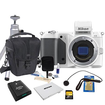 Nikon 1 V2 Mirrorless Digital Camera Body, White, - Bundle - with SanDisk 32GB SDHC Memory Card, LowePro Carrying Case, Spare Battery, Aluminum Table top Tripod, Cleaning Kit, SD Card Case, Capleash II, Screen Protector