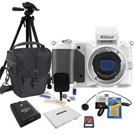 Nikon 1 V2 Mirrorless Digital Camera Body, White, - Bundle with SanDisk 64GB SDHC Memory Card, LowePro Carrying Case, Spare Battery, New Leaf 3 Year (Drops & Spills) Warranty, Sunpack Tripod, Sd Card Case, Cleaning Kit, Capleash II, Screen Protect