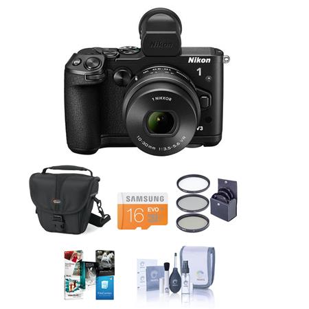 Nikon 1 V3 Mirrorless Digital Camera with 10-30mm f/3.5-5.6 PD-Zoom Lens, - Bundle With Camera Holster Case, 16GB Class 10 Micro SDHC Card, Cleaning Kit, Screen Protector