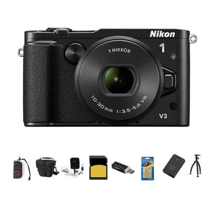 Nikon 1 V3 Mirrorless Digital Camera with 10-30mm f/3.5-5.6 PD-Zoom Lens, - Bundle With Camera Holster Case, 32GB Class 10 Micro SDHC Card, Spare Battery, Cleaning Kit, Screen Protector, Table Top Tripod, Memory Wallet, SD Card Reader
