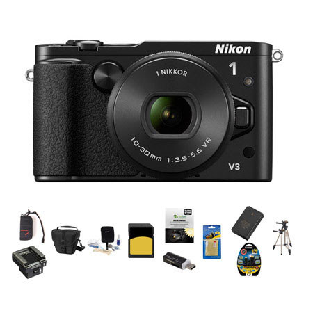 Nikon 1 V3 Mirrorless Digital Camera with 10-30mm f/3.5-5.6 PD-Zoom Lens, - Bundle With Camera Case, 64GB Class 10 Micro SDHC Card, Spare Battery, New Leaf 3 Year (Drops & Spills) Warranty, Cleaning Kit, Screen Protector, Tripod, Memory Wallet, SD Card Re