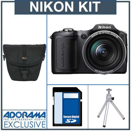 Nikon Coolpix L100 Digital Camera, Black - Refurbished - by Nikon U.S.A. With 4GB SD Memory Card, Camera Case, Table Top Tripod, image