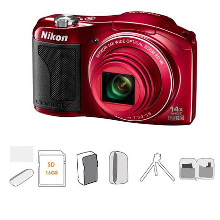 Nikon Coolpix L610 Digital Camera with 14x Optical Zoom-NIKKOR ED Glass Lens, Red - Bundle - with Kingston 16GB Class 4 SDHC Memory Card, USB 2.0 Card Reader, L