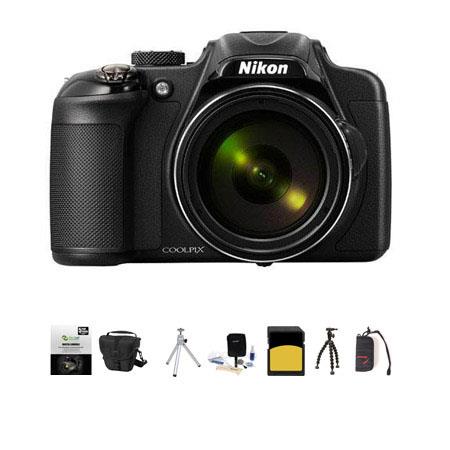 Nikon Coolpix P600 Digital Camera, 16.1MP, 60x Optical Zoom, Black - Bundle With LowePro TLZ-10 Holster Case, 32GB Class 10 SDHC Card, New Leaf 3 Year (Drops & Spills) Warranty, Cleaning Kit, Table Top Tripod, Card Memory Wallet Sunpack Flexpod Pro Grippe