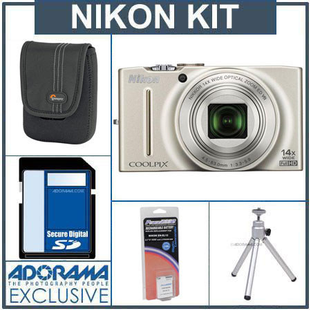 Nikon Coolpix S8200 Digital Camera Kit - Silver - with 4GB SD Memory Card, Camera Case, Table Top Tripod, Spare EN EL-12 Lithium-Ion Battery