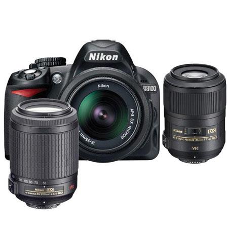 Nikon D3100 14.2 Megapixel Digital SLR Camera with 18-55mm VR Lens &amp; 55-200mm VR Lens - Bundle - with 85mm VR Lens