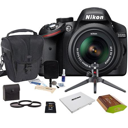 Nikon D3200 Digital SLR Camera with 18-55mm NIKKOR VR Lens, Black - Bundle - with 16GB SD Memory Card, Camera Holster Bag, Pro Optic 52mm Filter Kit, Spare Battery, Aluminum Table Top Tripod, Cleaning Kit, SD Card Case