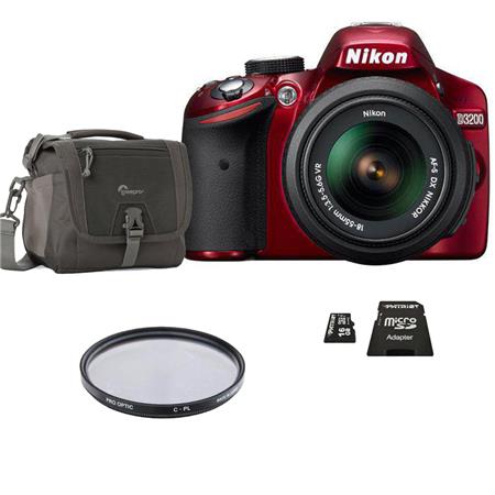 Nikon D3200 Digital SLR Camera with 18-55mm NIKKOR VR Lens, Red - Bundle - with 16GB SD Memory Card, Camera Bag, Pro Optic 52mm Photo Essentials Filter Kit