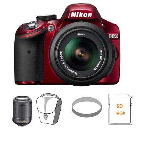 Nikon D3200 24.2 Megapixel Digital SLR Camera with 18-55mm NIKKOR VR Lens - Red - Refurbished by Nikon U.S.A.