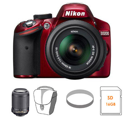 Nikon D3200 24.2 Megapixel Digital SLR Camera with 18-55mm NIKKOR VR Lens - Red - Refurbished by Nikon U.S.A.