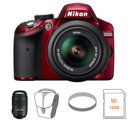 Nikon D3200 24.2MP Digital SLR Camera with 18-55mm NIKKOR VR Lens, Red - Bundle - with Nikon 55-300mm f/4.5-5.6G ED AF-S DX VR II Lens, USA Warranty