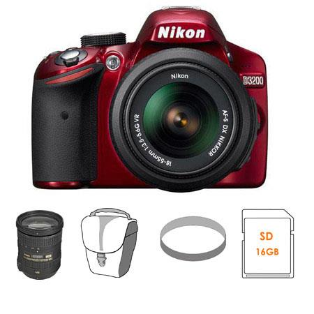 Nikon D3200 24.2 Megapixels Digital SLR Camera with 18-55mm NIKKOR VR Lens, Red - Bundle - with Nikon 18-200mm f/3.5-5.6G ED IF AF-S DX VR II Lens - Nikon USA W