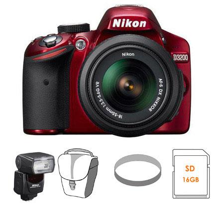 Nikon D3200 24.2 Megapixels Digital SLR Camera with 18-55mm NIKKOR VR Lens, Wi-Fi Connectivity, ISO 100 to 6400, Red - Bundle - with Nikon SB-700 TTL AF Shoe Mo