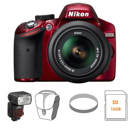Nikon D3200 24.2 Megapixels Digital SLR Camera, 18-55mm NIKKOR VR Lens, Red - Bundle - with Nikon SB-910 TTL AF Shoe Mount Speedlight, USA Warranty