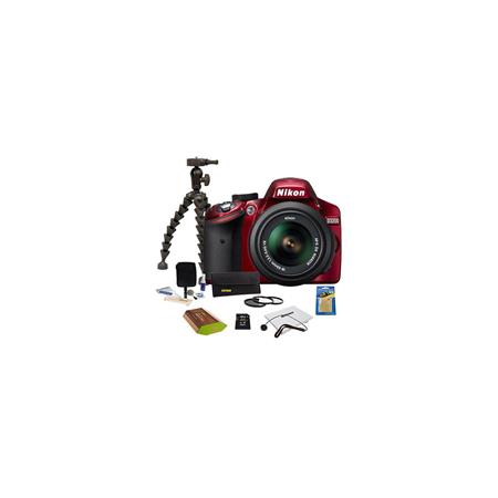 Nikon D3200 Digital SLR Camera with 18-55mm NIKKOR VR Lens, Red - Bundle - with 16GB SD Memory Card, Camera Bag, 52mm Photo Essentials Filter Kit, Spare Battery, Sunpack Flexpod Pro Gripper, Cleaning Kit, SD card Kit, Screen protector, Capleash II
