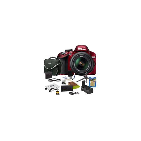 Nikon D3200 DSLR Camera with 18-55mm NIKKOR VR Lens, Red - Bundle - with 32GB SD Memory Card, Camera Bag, 52mm Photo Essentials Filter Kit, Spare Battery, New Leaf 3 Year (Spills & Drops) Warranty, Table Top Tripod, Battery Grip, Cleaning Kit, SD card Cas