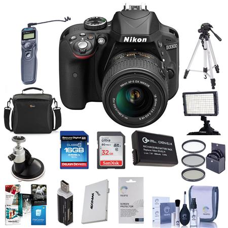 Nikon D3300 24.1 MP DX-Format DSLR Camera Body with 18-55mm f/3.5-5.6G VR II Lens - Black Bundle With Sandisk 16 GB Extreme CL 10 SDHC Card, LowePre Holster Case, Spare Battery, 52mm Filter Kit, Cleaning Kit, SD Card Case, Aluminum Table Top Tripod, Scree