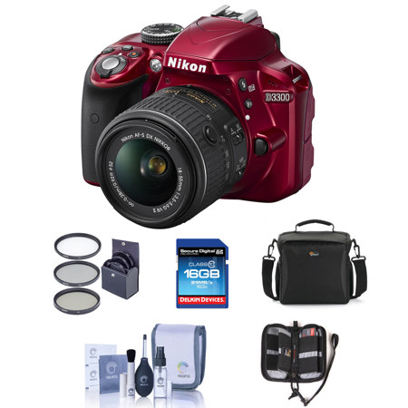 Nikon D3300 24.1 MP DX-Format DSLR Camera Body with 18-55mm f/3.5-5.6G VR II Lens - RED - Bundle With 16GB CL 10 SDHC Card, LowePro Shoulder Case, Pro-Optic 52 UV Filter, Cleaning Kit, SD Card Case