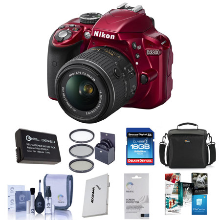 Nikon D3300 24.1 MP DX-Format DSLR Camera Body with 18-55mm f/3.5-5.6G VR II Lens - RED - Bundle With 16 GB CL 10 SDHC Card, LowePro Holster Case, Spare Battery, 52mm Filter Kit, Cleaning Kit, SD Card Case, Aluminum Table Top Tripod, Screen Protector