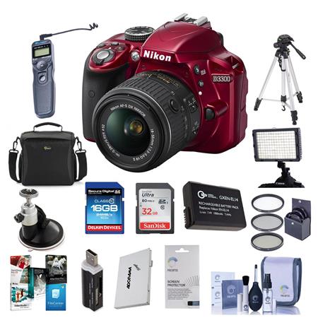 Nikon D3300 24.1 MP DX-Format DSLR Camera Body with 18-55mm G VR II Lens RED - Bundle With 32 GB Class 10 SDHC Card, LowePro Holster Case, Spare Battery, New Leaf 3 Year (Drops & Spills) warranty, 52mm Filter Kit, Cleaning Kit, Bogen 393HM W/Head, SD Card