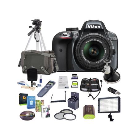 Nikon D3300 24.1 MP DX-Format DSLR Camera Body with 18-55mm G VR II Lens Grey - Bundle With 32 GB Class 10 SDHC Card, LowePro Holster Case, Spare Battery, New Leaf 3 Year (Drops & Spilss) warranty, 52mm Filter Kit, Cleaning Kit, Bogen 393HM W/Head, SD Car