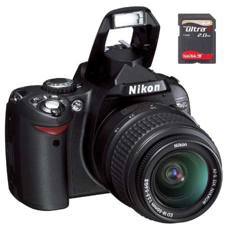 Nikon D40 6.1 Megapixel Digital SLR Camera 3X Zoom Kit Outfit, with 18-55mm f/3.5-5.6G ED II AF-S DX Zoom Nikkor Lens - USA Warranty, &amp; SanDisk 2 GB, 60x Speed Ultra II Secure Digital Memory Card image