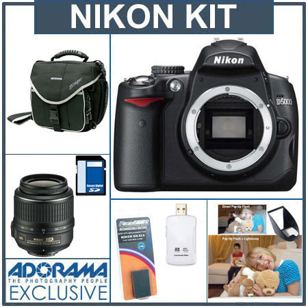 Nikon D5000 Digital SLR Camera Kit / Nikon 18mm - 55mm f/3.5-5.6G AF-S DX (VR) Lens - Refurbished by Nikon U.S.A. - with 8GB SD Memory Card, Spare EN-EL9 Lithium-Ion Rechargeable Battery, Camera System Bag, Professor Kobre's Lightscoop, USB 2.0 SD Card Reader image