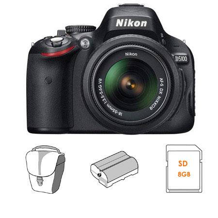 Nikon D5100 Digital SLR Camera Kit with 18mm - 55mm VR Lens, 8GB SD Memory Card, Spare Nikon EN-EL14 Rechargeable Lithium-ion Battery, Slinger Camera Bag - FREE
