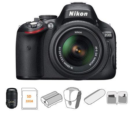 Nikon D5100 DX-Format Digital SLR Camera Kit with 18-55mm f/3.5-5.6G AF-S DX (VR) Lens - Bundle - 55-300mm f/4.5-5.6G ED AF-S DX VR II Lens, 32GB SDHC Memory Ca