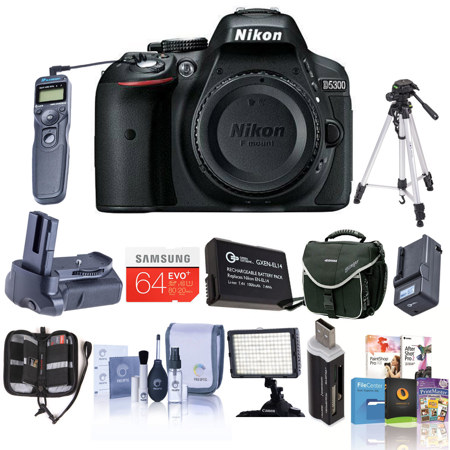 Nikon D5300 24.1 Megapixel DX-Format Digital SLR Camera Body - Black - Bundle With Slinger Holster Case Black ,32GB Ultra SDHC UHS1 CL10 Card, New Leaf 3 Year (Drops & Spills) Warranty, Spare ENEL14 Battery ,Tripod, Cleaning Kit , SD Card Reader, Rapid Ch