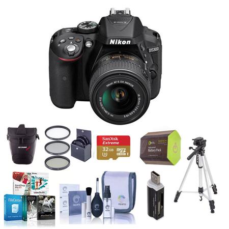 Nikon D5300 24.1MP DX-Format Digital SLR Camera with AF-S DX NIKKOR 18-55mm f/3.5-5.6G VR II Lens, Black - Bundle with Slinger 100 Holster Bag, 16GB Class 10 SDHC Card, Spare EN-EL 14 Battery, Tripod, Cleaning Kit, SD Card Reader, 3PC 52Mm Filter Kit 52MM