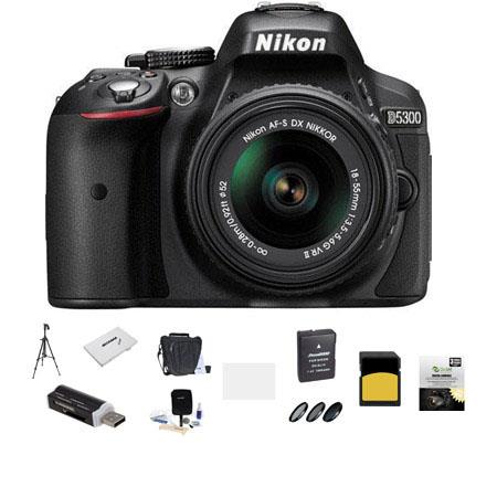 Nikon D5300 24.1MP DX-Format DSLR Camera with AF-S DX 18-55mm f/3.5-5.6G VR II Lens, Black - Bundle with Slinger 100 Holster Bag, 32GB Cl 10 SDHC Card, Spare Battery, New Leaf 3 Year (Drops & Spills) Warranty, Tripod, Cleaning Kit, 52Mm Filter Kit, SD Car