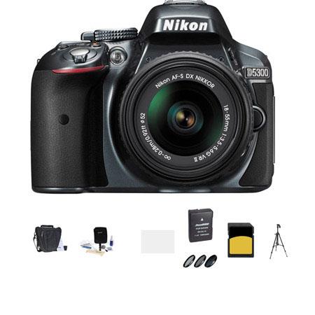 Nikon D5300 24.1MP DX-Format Digital SLR Camera with AF-S DX NIKKOR 18-55mm f/3.5-5.6G VR II Lens, Grey - Bundle with Slinger 100 Holster Bag, 16GB Class 10 SDHC Card, Spare EN-EL 14 Battery, Tripod, Cleaning Kit, SD Card Reader, 3PC 52Mm Filter Kit 52MM