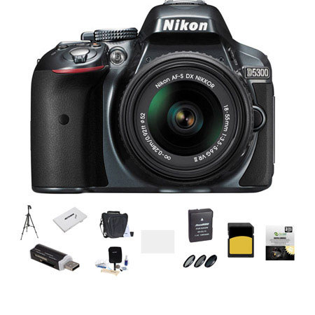 Nikon D5300 24.1MP DX-Format DSLR Camera with AF-S DX 18-55mm f/3.5-5.6G VR II Lens, Grey - Bundle with Slinger 100 Holster Bag, 32GB Cl 10 SDHC Card, Spare Battery, New Leaf 3 Year (Drops & Spills) Warranty, Sunpack Tripod, Cleaning Kit, 52Mm Filter Kit,