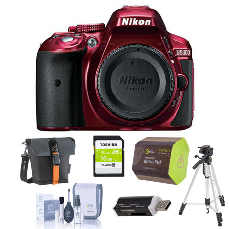 Nikon D5300 24.1 Megapixel DX-Format Digital SLR Camera Body - RED - BUNDLE with Slinger Holster Case Black ,16GB Ultra SDHC CL10 Card, Spare ENEL14 Battery , Tripod, Cleaning Kit , SD Card Reader