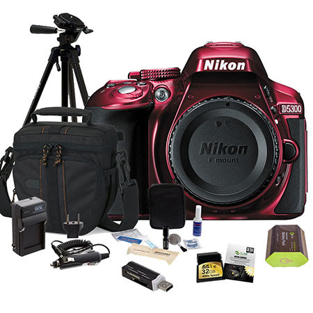 Nikon D5300 24.1 Megapixel DX-Format Digital SLR Camera Body - RED - Bundle With Slinger Holster Case Black ,32GB Ultra SDHC UHS1 CL10 Card, New Leaf 3 Year (Drops & Spills) Warranty, Spare ENEL14 Battery , Tripod, Cleaning Kit , SD Card Reader, Rapid Cha