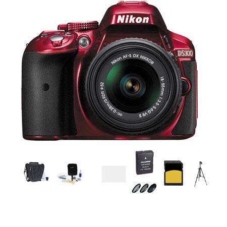 Nikon D5300 24.1MP DX-Format Digital SLR Camera with AF-S DX NIKKOR 18-55mm f/3.5-5.6G VR II Lens, RED - Bundle with Slinger 100 Holster Bag, 16GB Class 10 SDHC Card, Spare EN-EL 14 Battery, Tripod, Cleaning Kit, SD Card Reader, 3PC 52Mm Filter Kit 52MM U