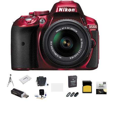 Nikon D5300 24.1MP DX-Format DSLR Camera with AF-S DX 18-55mm f/3.5-5.6G VR II Lens, RED - Bundle with Slinger 100 Holster Bag, 32GB Cl 10 SDHC Card, Spare Battery, New Leaf 3 Year (Drops & Spills) Warranty, Sunpack Tripod, Cleaning Kit, 52Mm Filter Kit,