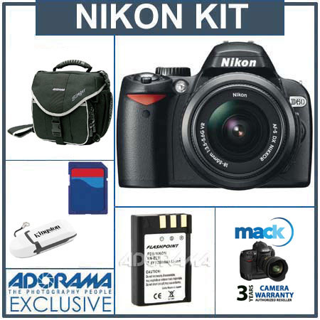 Nikon D60 Digital SLR Camera Outfit, w/18-55mm f/3.5-5.6G ED AF-S DX VR Lens with 4 GB SD Memory Card, Spare EN-EL9 Lithium-Ion Rechargeable Battery, Camera Case, Mack 3 Year Extended Warranty , USB 2.0 SD Card Reader image