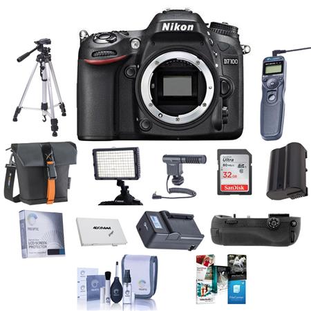 Nikon D7100 DX-format Digital SLR Camera Body, Black - Bundle - with 32GB Class 10 SDHC Memory Card, Spare Li-Ion Battery, New Leaf 3 Year (Spills & Drops) Warranty, Rapid Battery Charger, Carrying Case, Cleaning Kit, SD Card Case, Sunpack Tripod, Digital